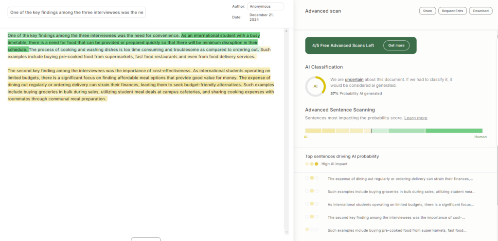 GPTZero AI Detection Test Results - Free Account Made